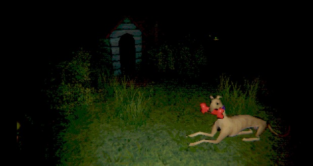 Una criatura con forma de perro de noche con algo rojo en la boca