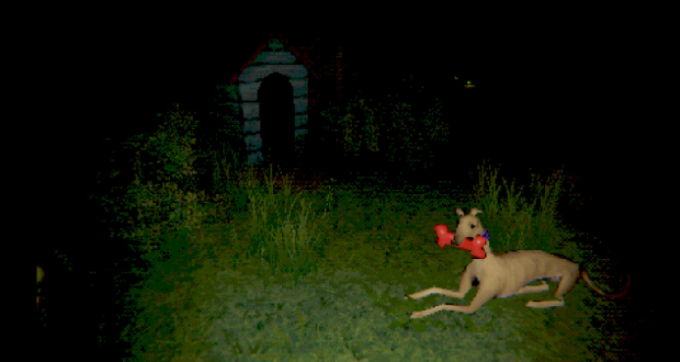 Una criatura con forma de perro de noche con algo rojo en la boca