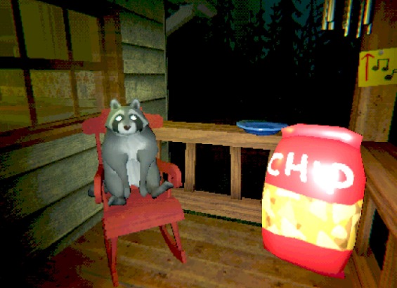 Un mapache sentado en una mecedora en un porche con una bolsa de patatas