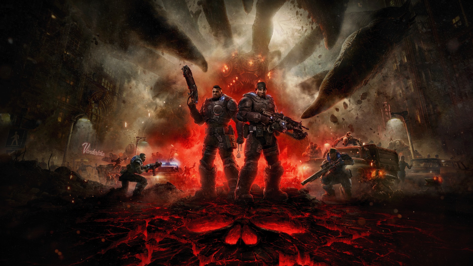 Arte promocional oficial de Gears of War: E-Day con dos soldados ante una criatura Locust gigante en una ciudad en ruinas