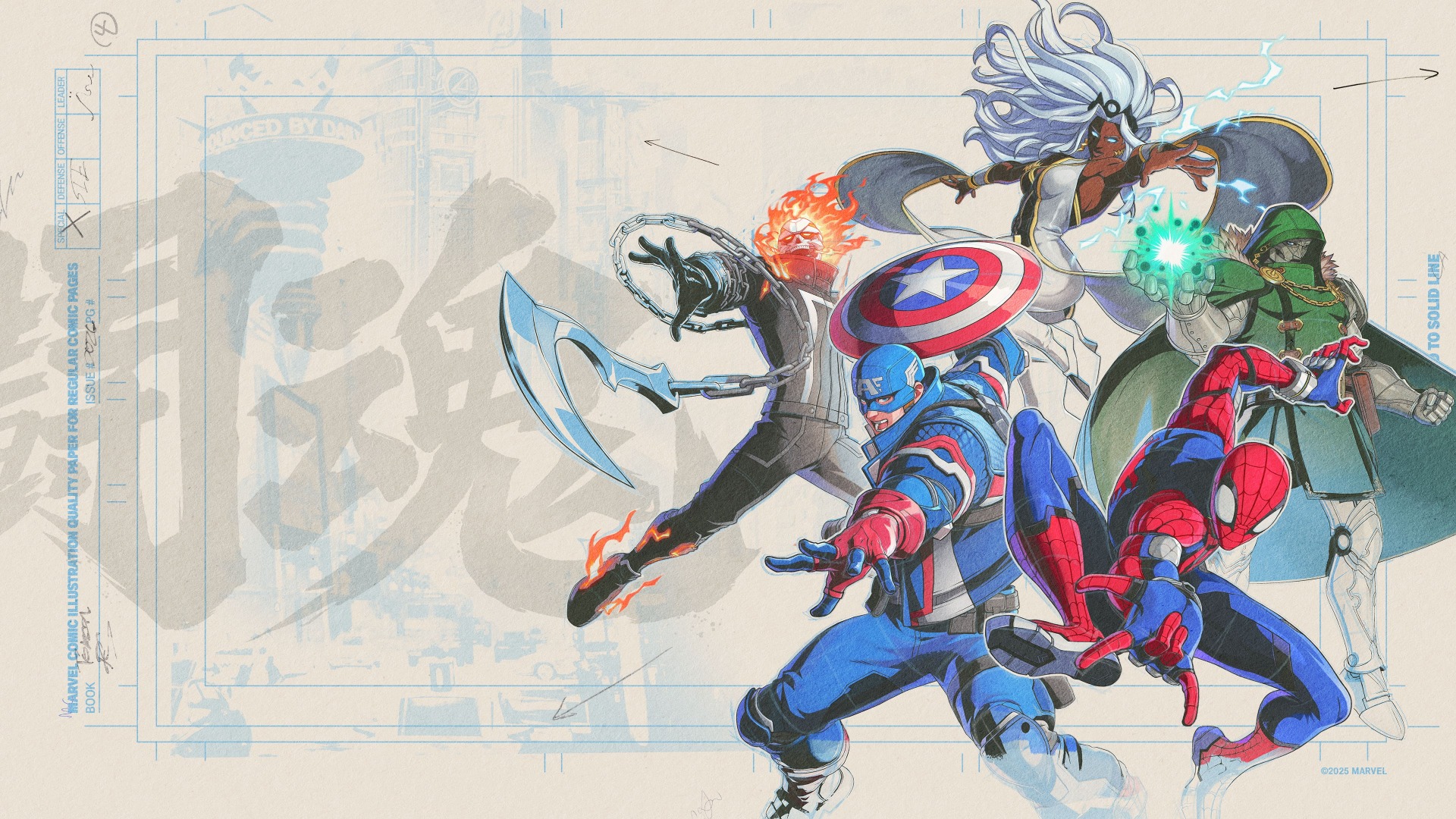 Arte promocional oficial de MARVEL Tōkon: Fighting Souls con Tormenta, Ghost Rider, Capitán América, Spider-Man y Doctor Doom