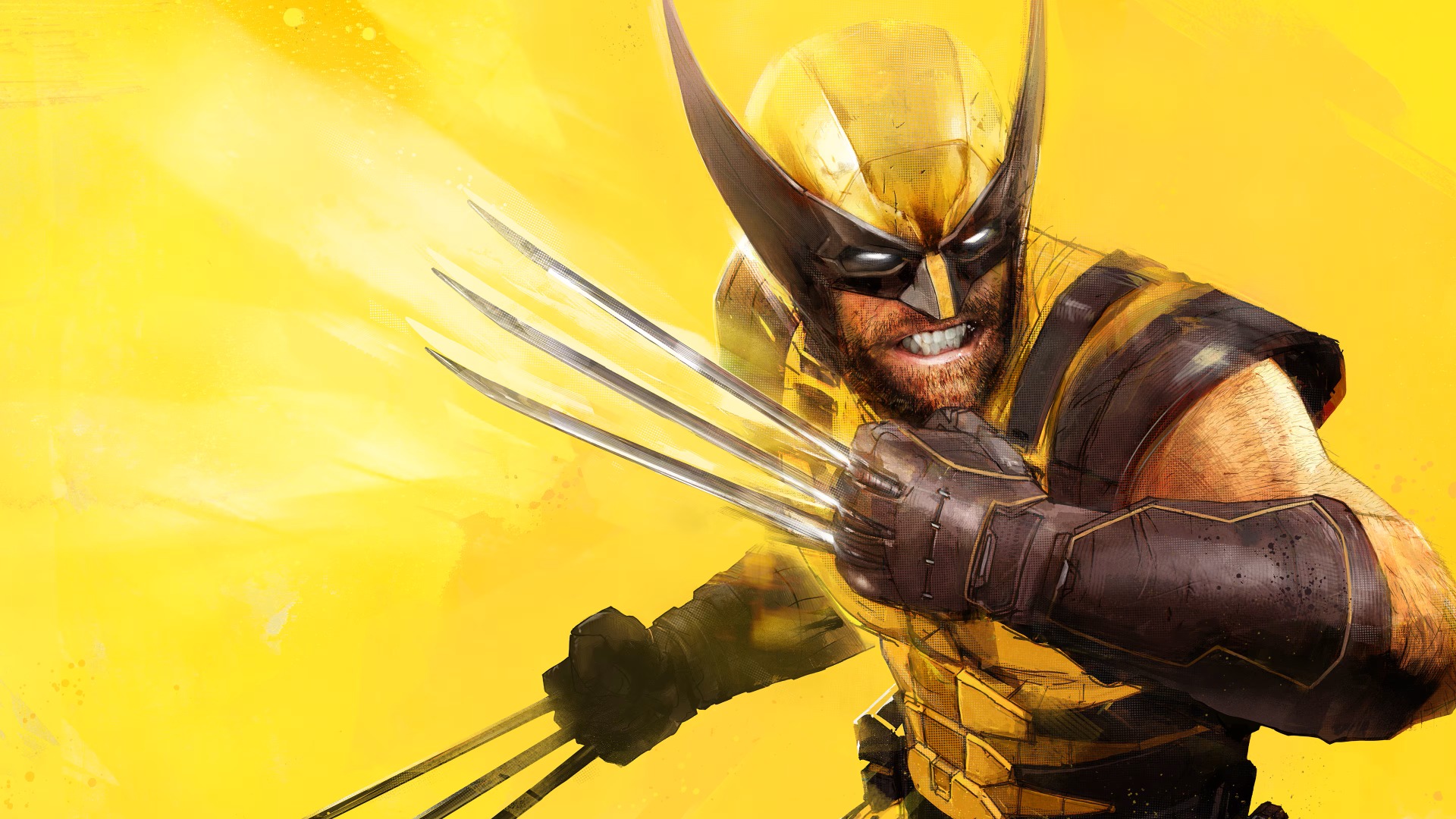 Arte promocional oficial de Marvel's Wolverine con Logan mostrando las garras sobre un fondo amarillo