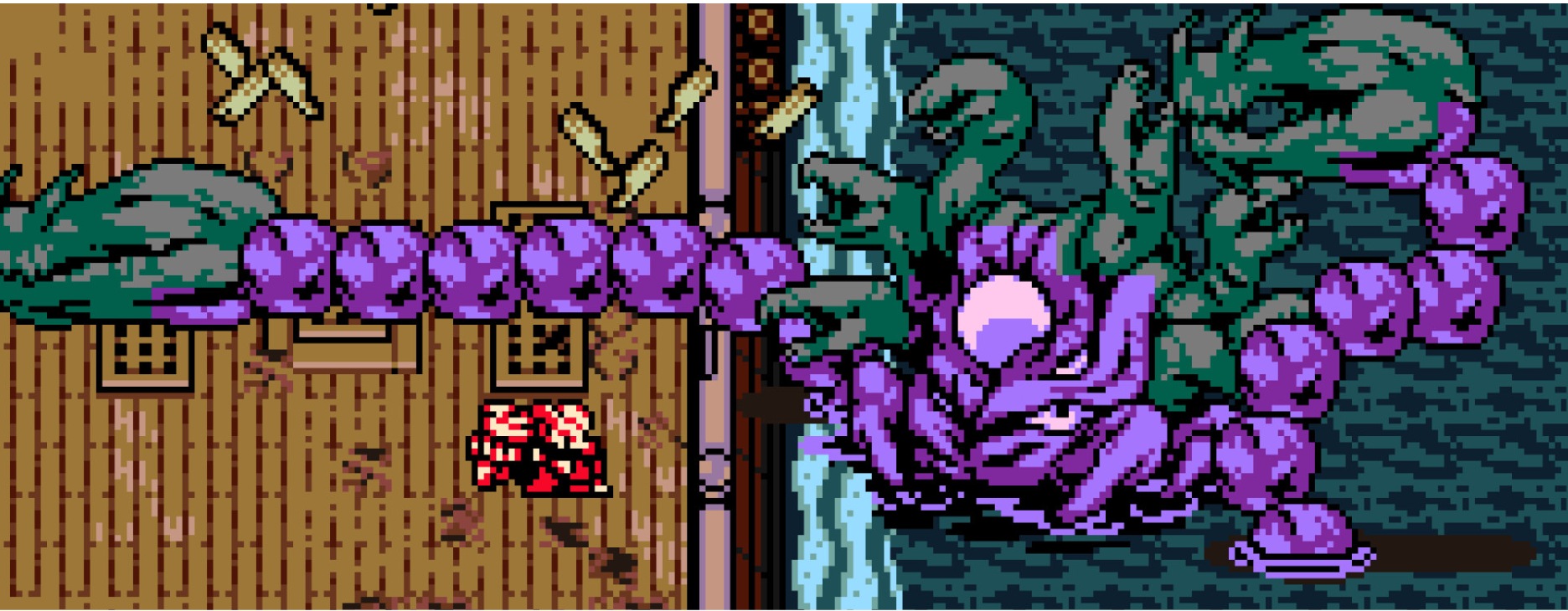 Mina se enfrenta a un jefe gigante con forma de gusano junto al agua