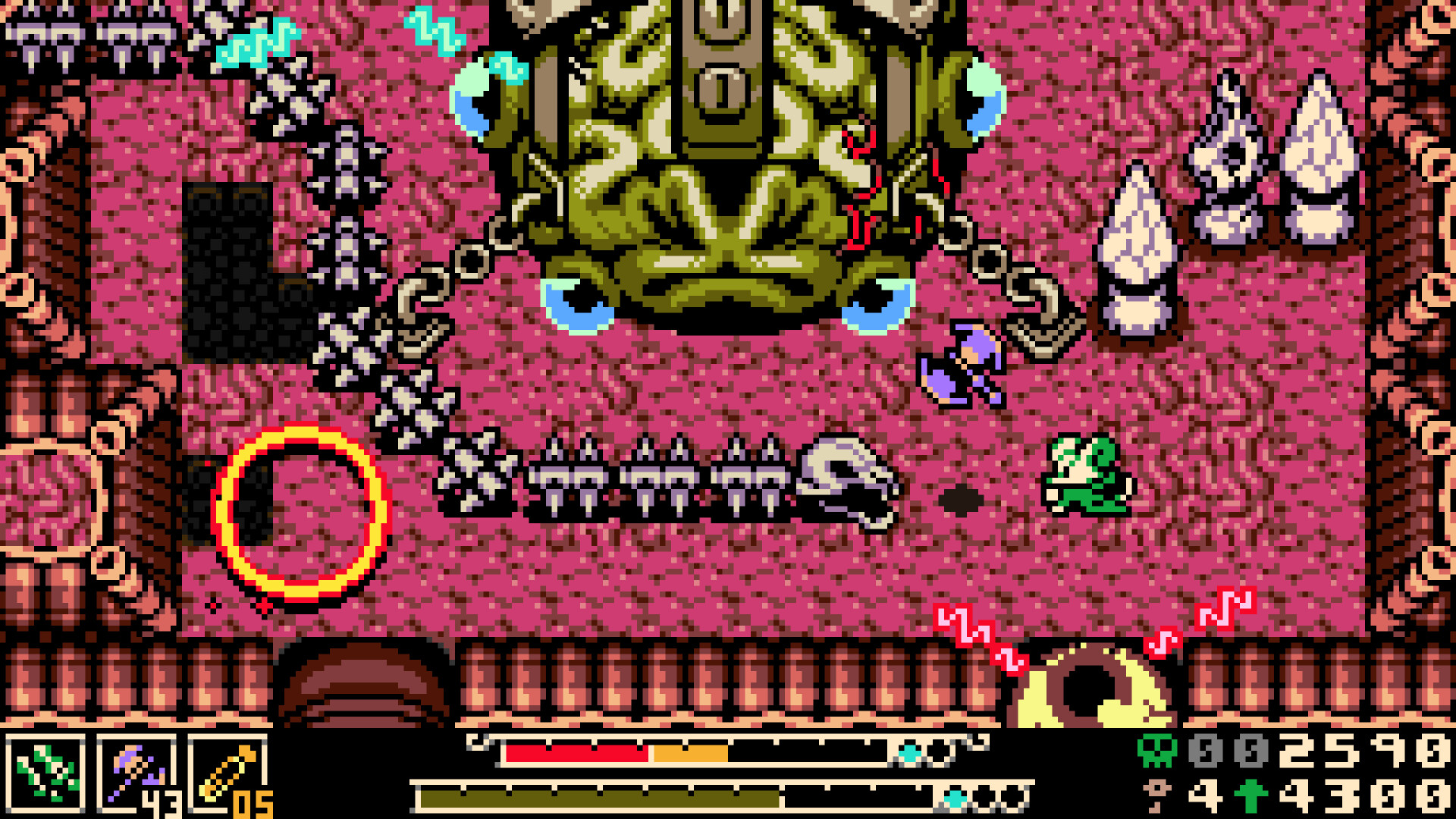 Combate contra un jefe sobre un escenario rosa en Mina the Hollower