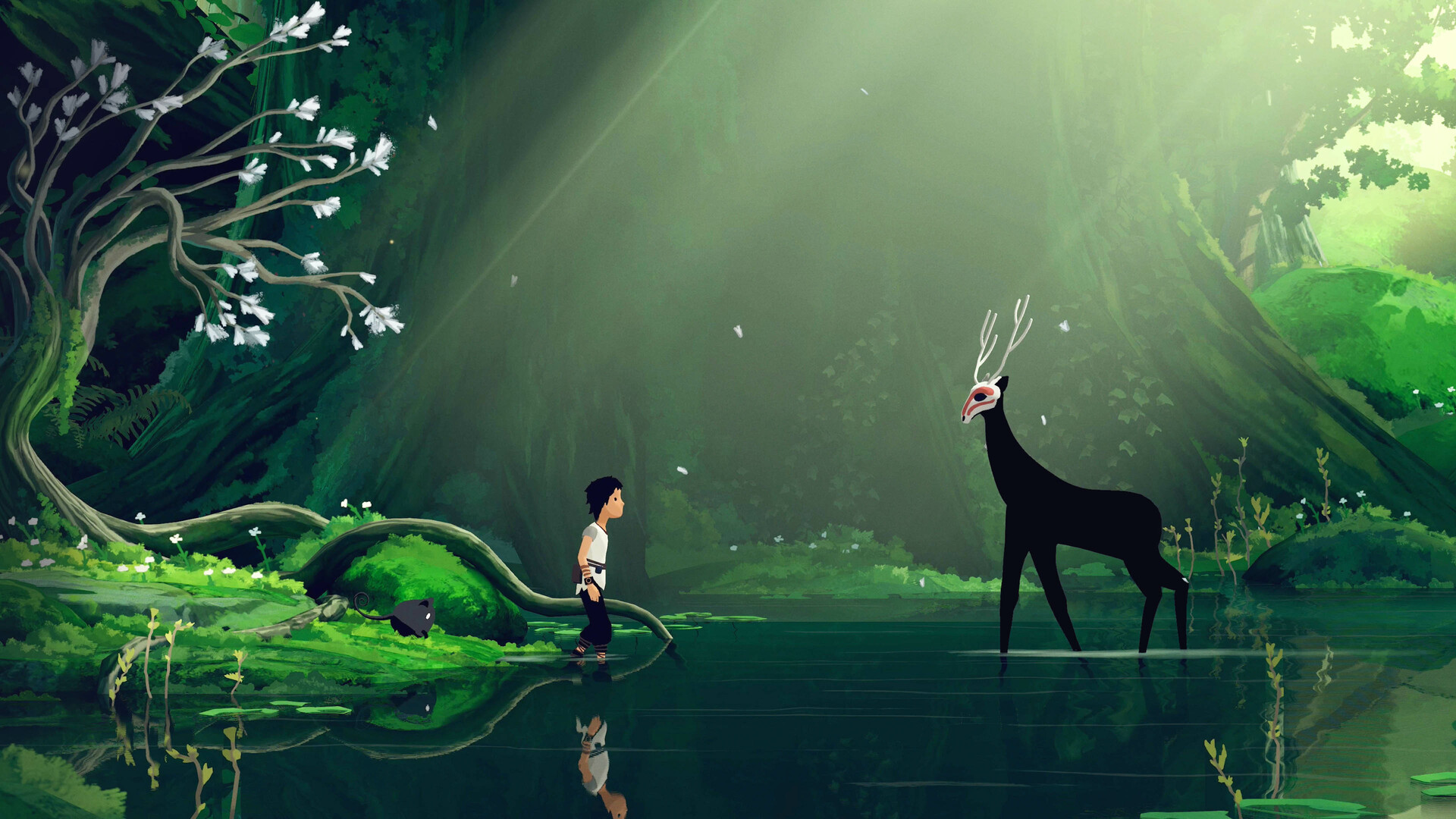 Lana ante un gran animal en un bosque pintado a mano en Planet of Lana II