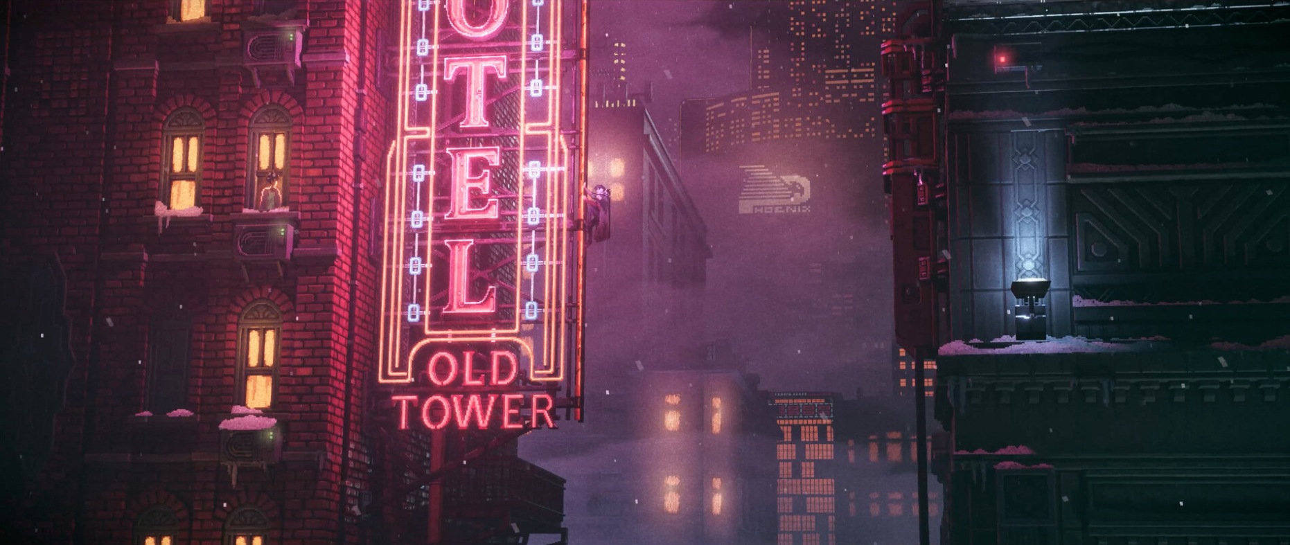 Un cartel de neón de un hotel domina una calle nevada y en penumbra en REPLACED