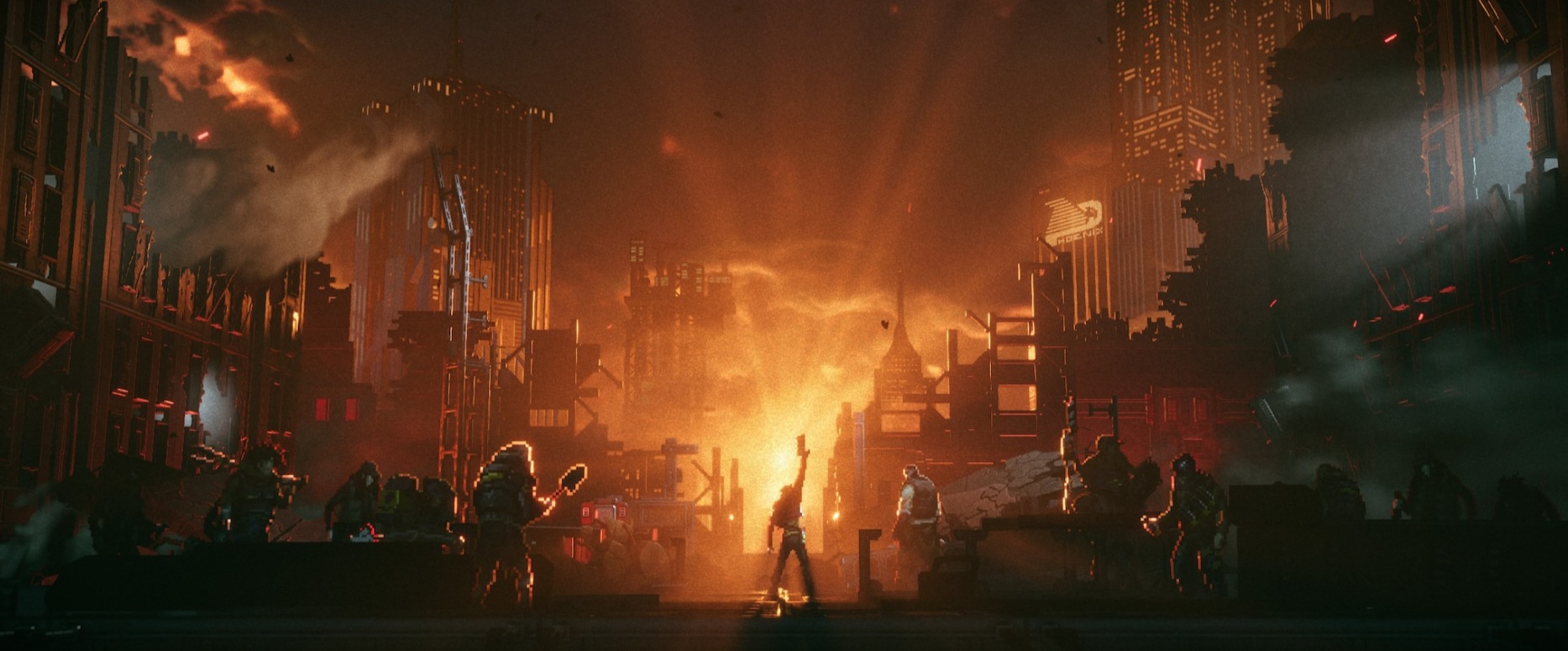 Reach alza su arma ante una ciudad en ruinas iluminada por un atardecer anaranjado, con el logo de Phoenix al fondo