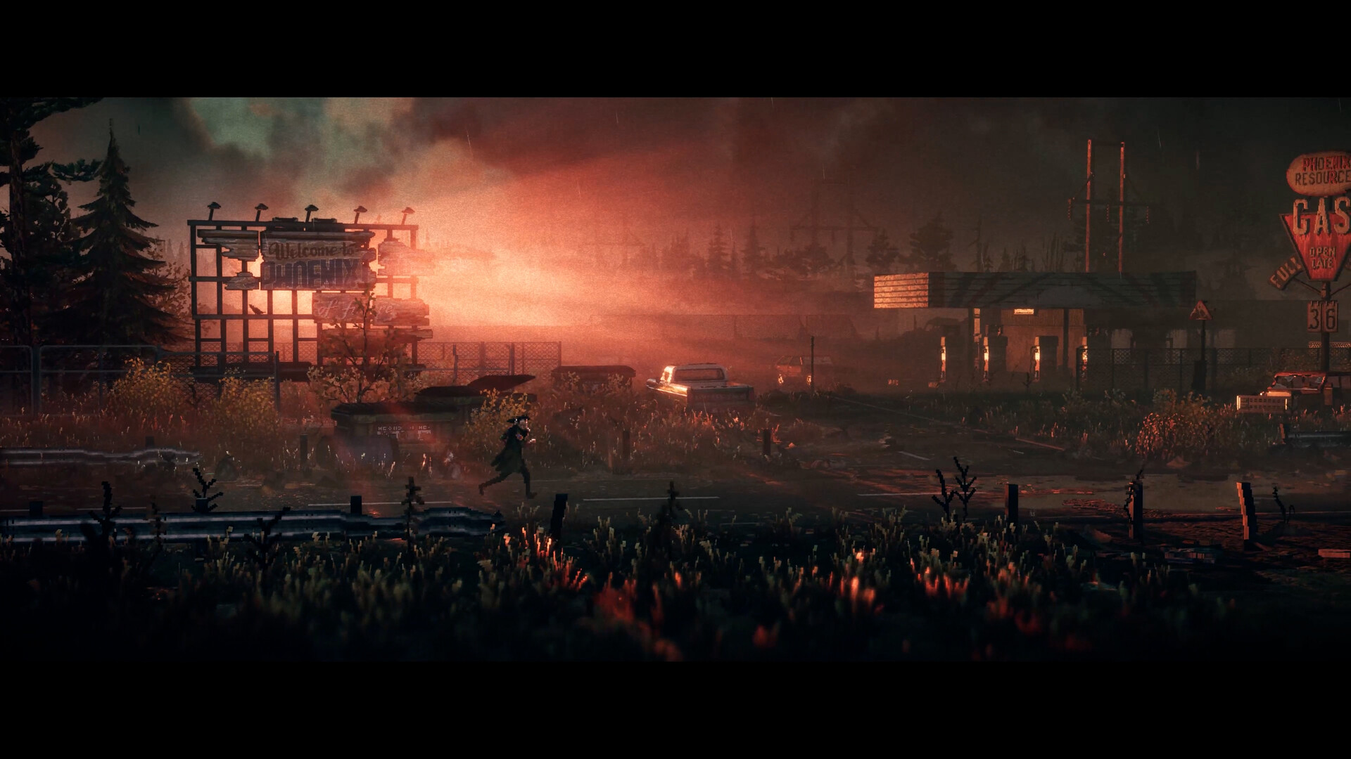 Panorámica urbana al atardecer con el pixel art cinematográfico de REPLACED