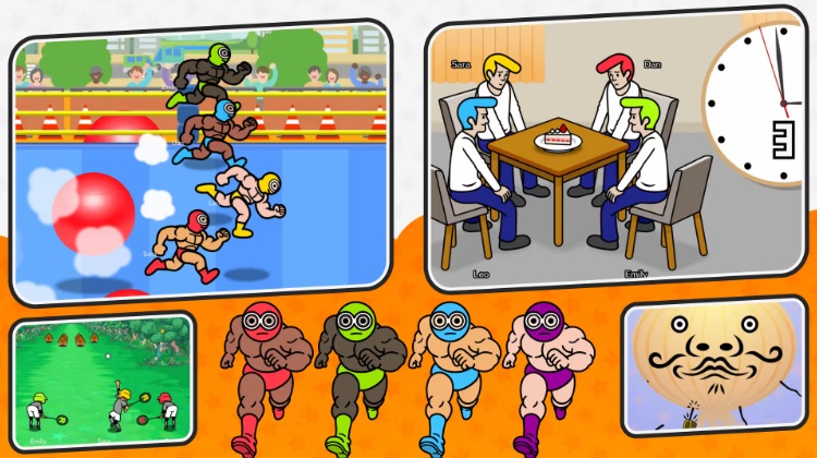 Collage de cuatro minijuegos más, con lucha libre, cena y béisbol