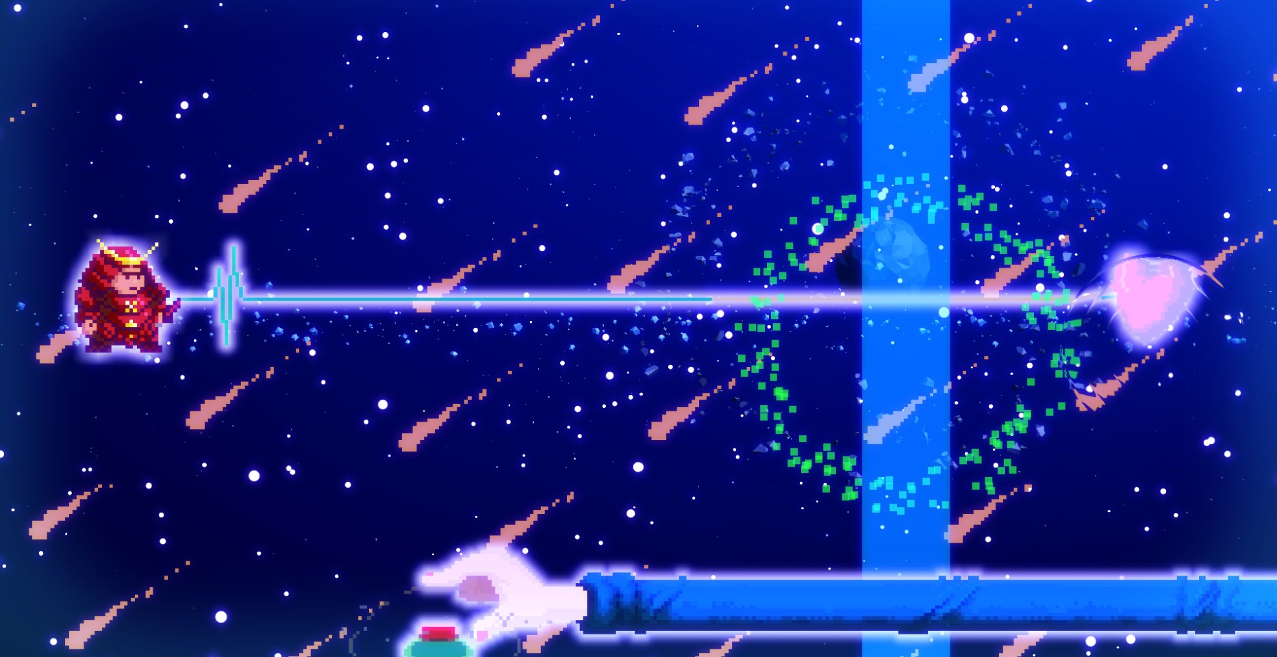 Un nivel espacial de Rhythm Doctor con estrellas fugaces y un personaje disparando un rayo de energía