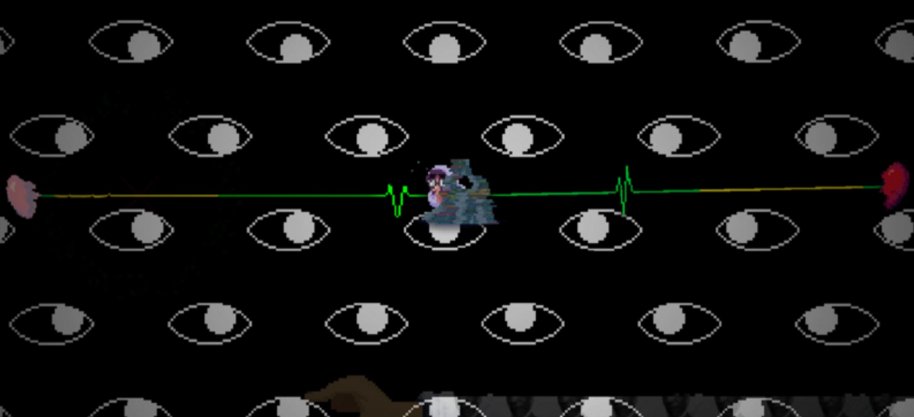 Un nivel oscuro de Rhythm Doctor con un patrón de ojos de fondo, propio del turno de noche
