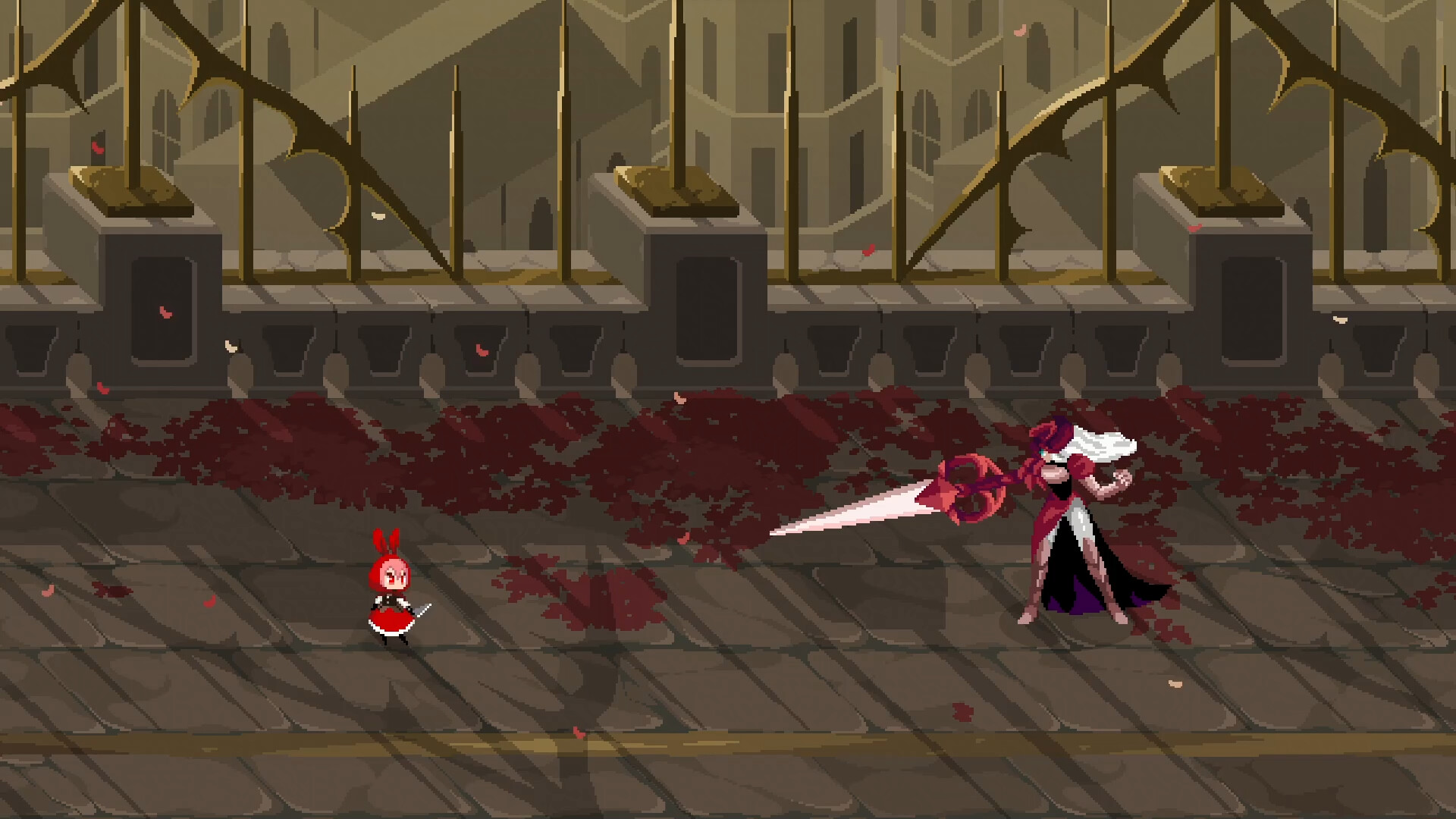 Ruby frente a un boss con una espada gigante en forma de tijera
