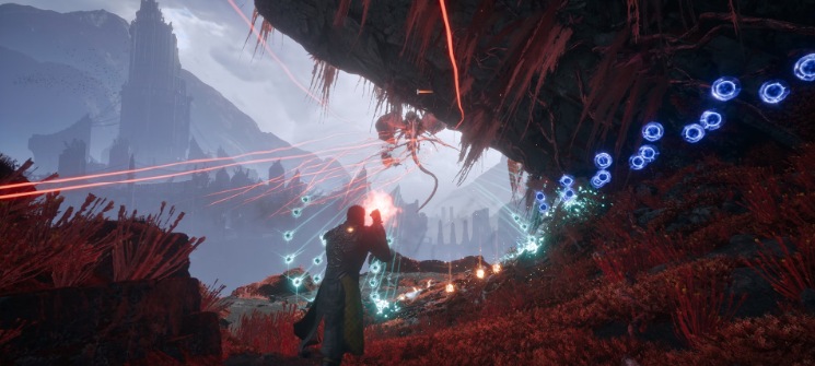 Arjun lanza un conjuro en una cueva de cristales rojos