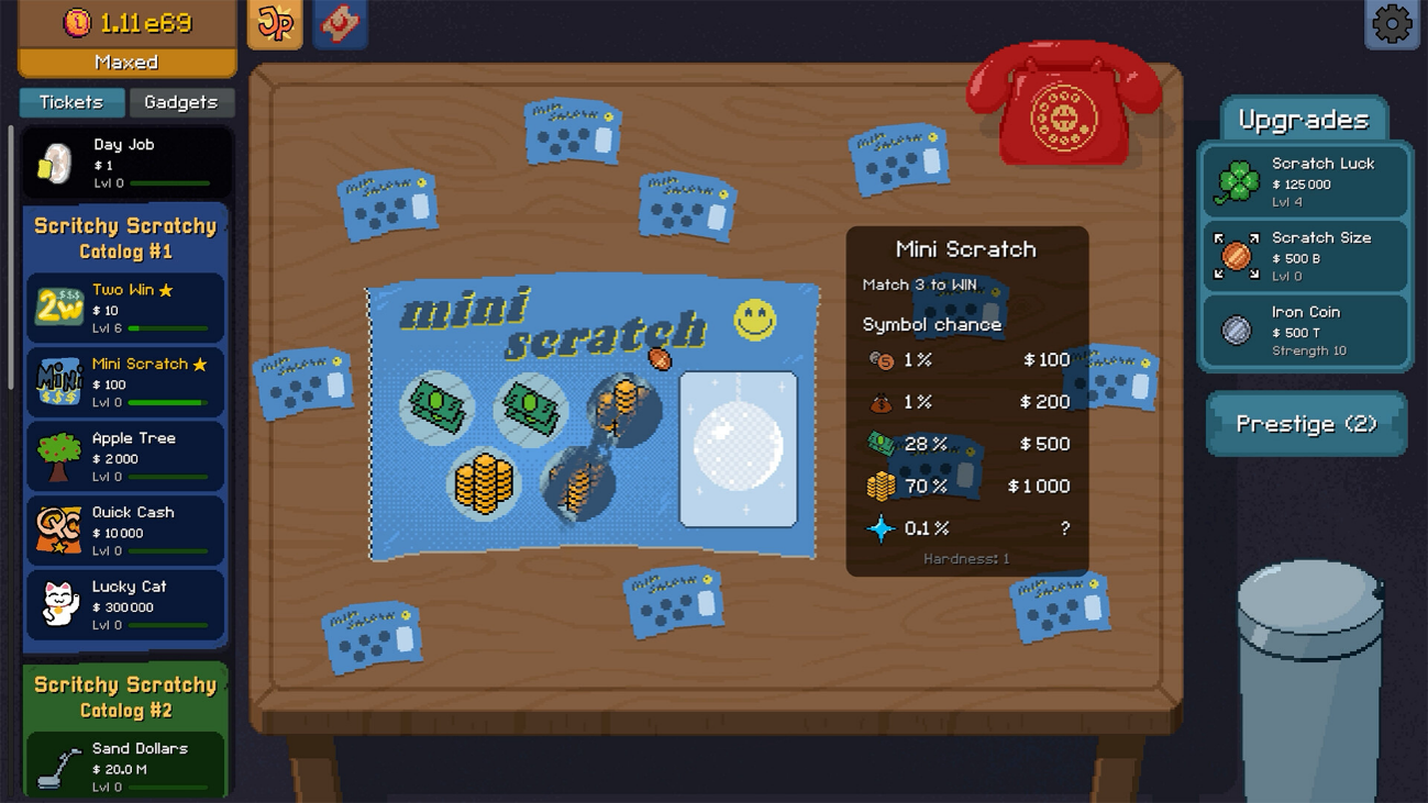 Boleto Mini Scratch de Scritchy Scratchy con sus símbolos, probabilidades y premios