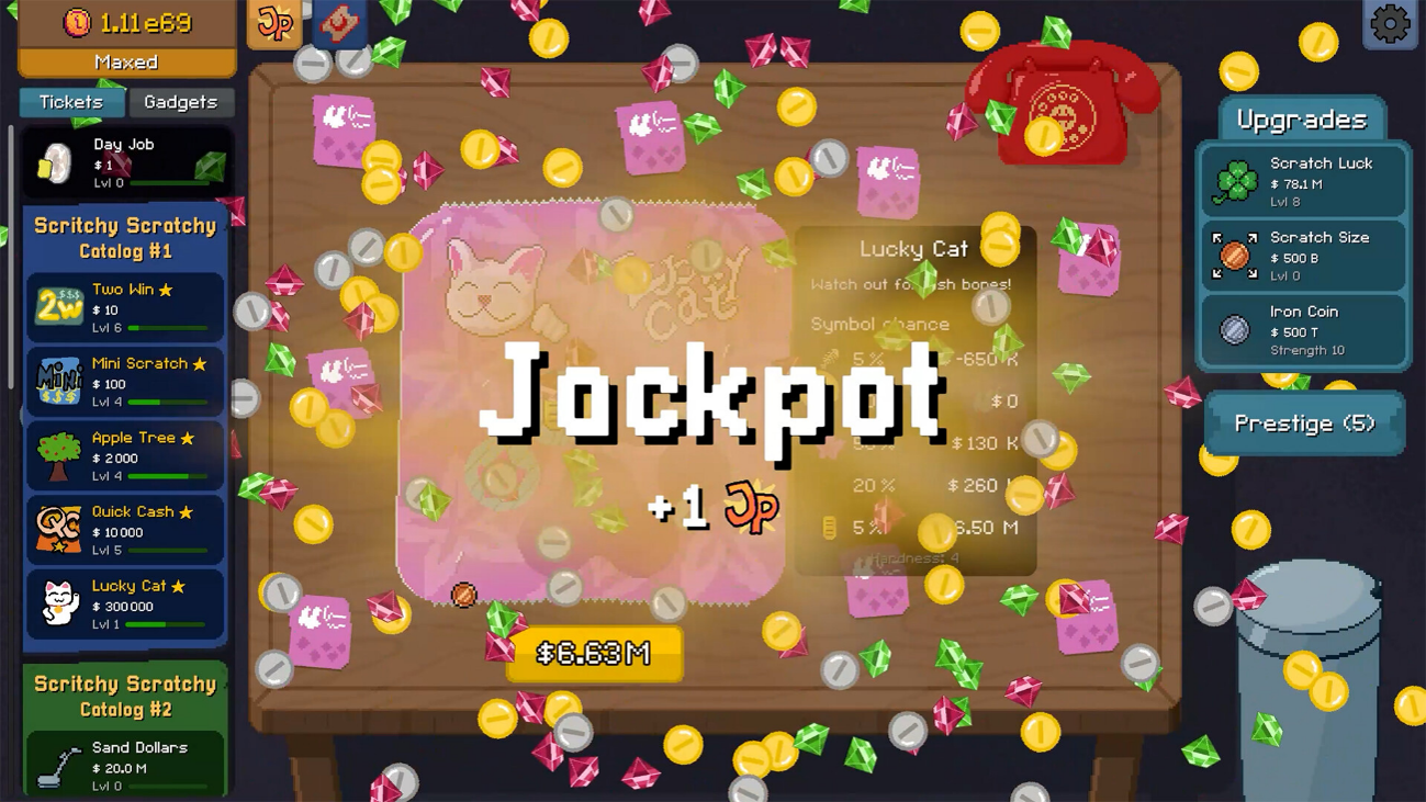 Celebración de jackpot en Scritchy Scratchy con monedas y confeti sobre la mesa de juego