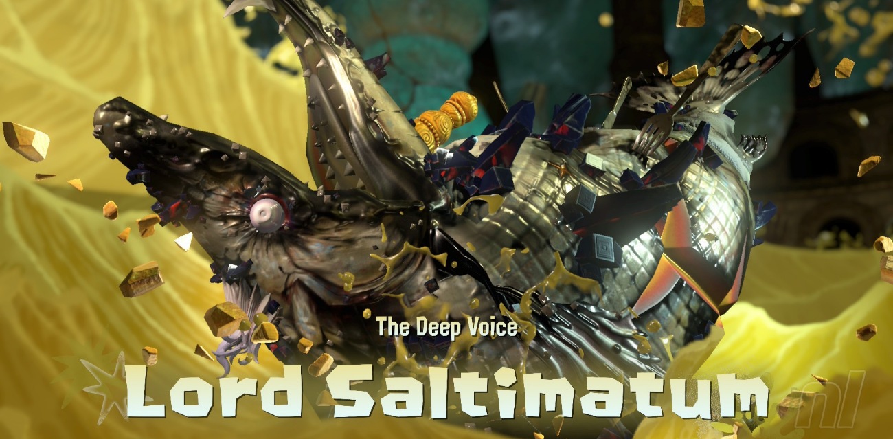 Presentación de un jefe salmónido de Splatoon Raiders rodeado de fragmentos dorados