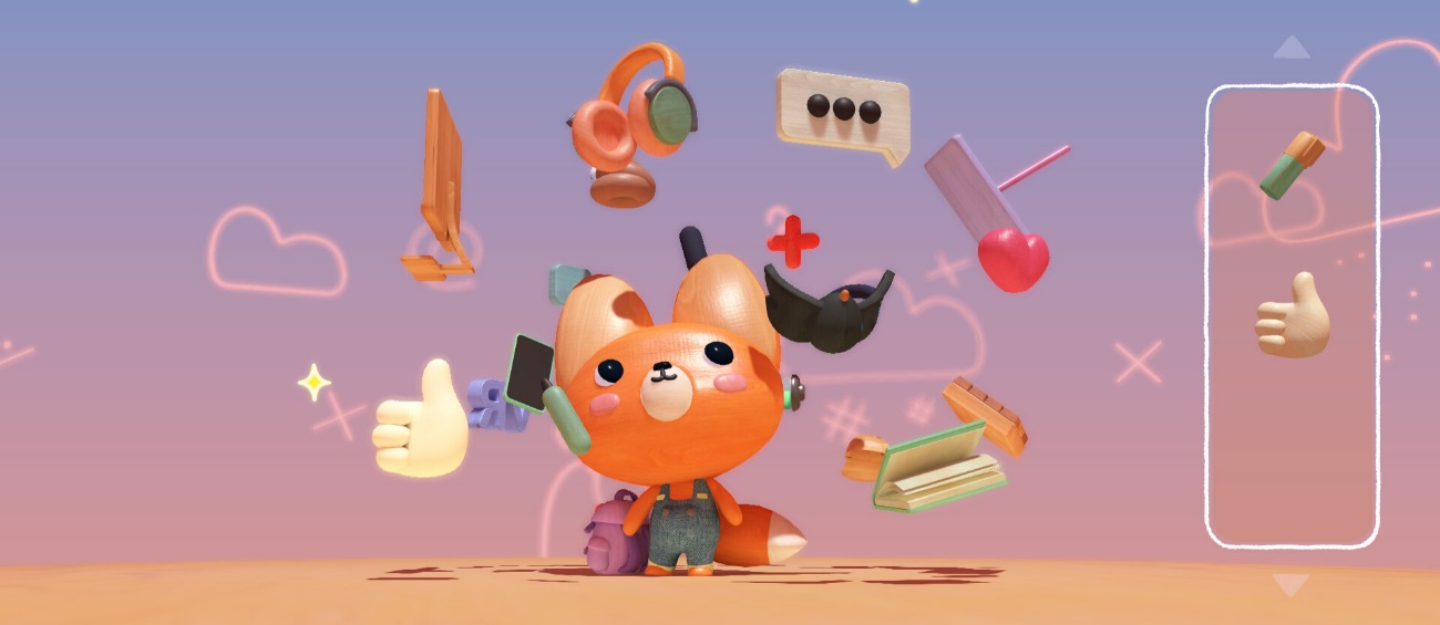 Foxy rodeada de objetos de madera y recuerdos en Woodo